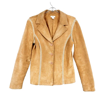 Halogen Suede 100% Genuine Leather Tan Jacket Womens Md Lined Embroidered Button - Image 1 of 4