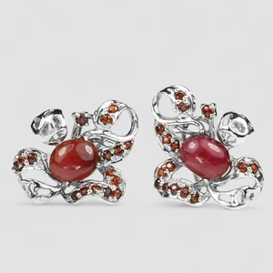 Blood Red Ruby Cabochon 925 Sterling Silver White Gold Plated Handmade Earrings - Picture 1 of 8