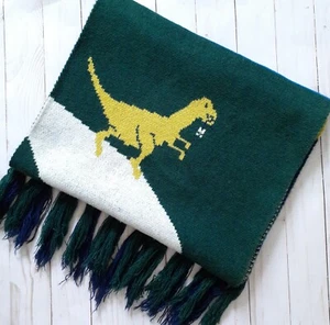 Urban Outfitters Dinosaur Scene Knit Scarf with Fringe Green Blue - Picture 1 of 9