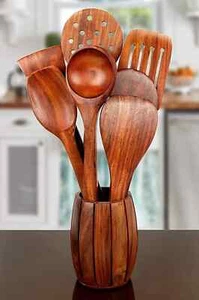 Handgefertigter Holz Löffelhalter Fassform mit 7 Löffeln Küchenutensilien - Bild 1 von 5