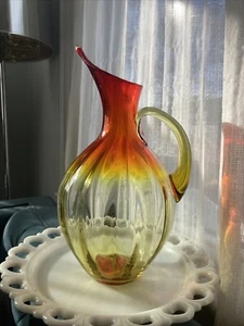 Blenko #991 Glass Pitcher 13”  Tangerine Ombre Orange Red Optic Vintage - Picture 1 of 6