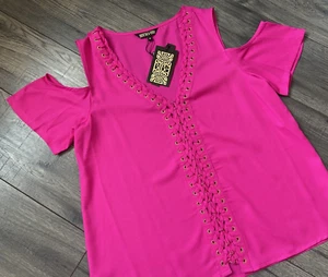 BIBA BLUSA De Hombros Descubiertos Con Ojal En Color Rosa Fucsia Talla 12 BNWT - Picture 1 of 8