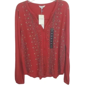 Blusa Lucky Brand rossa boho floreale a pois Henley contadina nuova con etichetta taglia large - Foto 1 di 10