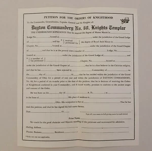  PETITION ORDERS OF KNIGHTHOOD Dayton OH Commandery No. 68 Knights Templar Mason - Picture 1 of 5