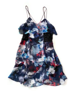 Bardot Dress Floral Navy Blue Red Flowers Frilly Mini Ladies Thin Straps Size 12 - Picture 1 of 7