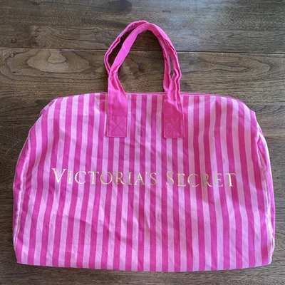 Vintage Victoria's Secret Large Iconic Pink Stripe Weekender Duffel Bag Tote EUC - Image 1 of 4