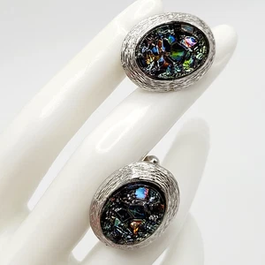 Ausgefallene Manschettenknöpfe Wismut Stein unter Glas Cabochon Mitte silberfarben Vintage - Bild 1 von 24