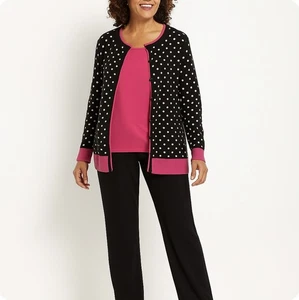 Neu mit Etikett GNW Pullover Cardigan schwarz mit weißen Tupfen rosa Borte zum Knöpfen Größe XL - Bild 1 von 8