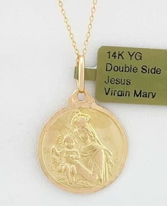 VIRGIN MARY & JESUS DOUBLE SIDE PENDANT 14K GOLD - New With Tag - FREE CHAIN - Picture 1 of 6