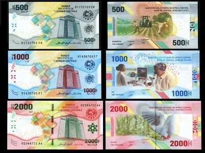 Central African St. Set 3 Pcs, 500 1000 2000 Francs 2020 2022 UNC, P-700 701 702 - Image 1 of 4