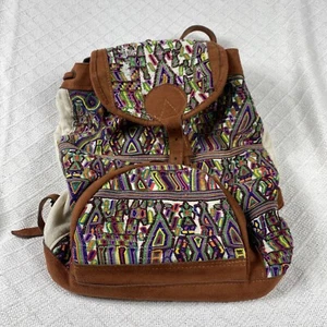 Backpack Embroidered Tapestry Suede Trim Multicolored Tassle Cinch Boho Artsy - Picture 1 of 12
