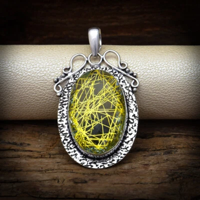 Pendente Fatti A Mano In Argento Sterling 925 Con Gemma Rutilata Dorata - Immagine 1 di 3