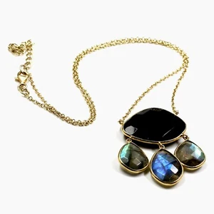 Ónix Negro y Labradorita 16 + 2" Collar de Fiesta 925 Plata Chapado en Oro Jo... - Imagen 1 de 4