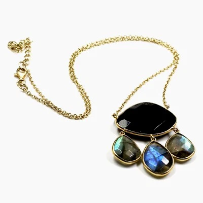 Ónix Negro y Labradorita 16 + 2" Collar de Fiesta 925 Plata Chapado en Oro Jo... - Imagen 1 de 4