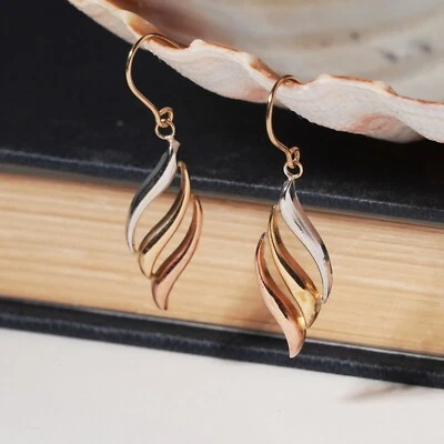 9ct Yellow Rose White Tri Tone Gold Twist Dangle Drop Hook Earrings - Image 1 of 4