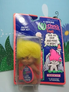 Muñeca Troll Wishnik Uneeda 1992 cabello amarillo 3" buena suerte - nueva en tarjeta - rara - Imagen 1 de 7