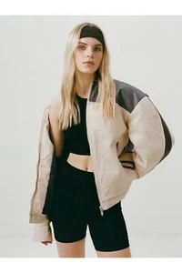 BNWT NastyGal Twill & Faux Leather Color Block Trucker Jacket Multi Sz:6 RRP:£95 - Picture 1 of 4