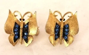 JJ Jonette Jewelry Butterfly Scatter Pins Brushed Gold Blue Rhinestones Vintage - Picture 1 of 6