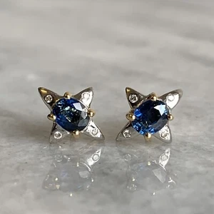 Sapphire & Diamond Two Tone Gold Star Stud Earrings 18ct 750 Yellow Gold - Picture 1 of 12