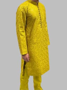 Men's Light Mehndi Green Sequin Embroidery Trouser Suit - Picture 1 of 5