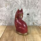 Home Decor Red Cat Figurine Brass Accents 6.5” Painted Wood