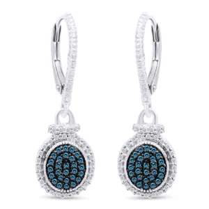 2/7ct Real Blue Round Diamond Drop Dangle Earrings in 925 Sterling Silver - Picture 1 of 6