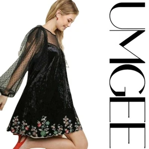 SIZE S BOUTIQUE UMGEE BLACK Embroidered Sheer Dot Crush Velvet Dress/Tunic BHC - Picture 1 of 4