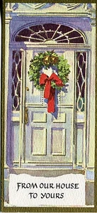 Vintage BROWNIE Weihnachtskarte: Tür mit Kranz - Bild 1 von 3