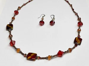 Vintage Costume Jewelry 12in Necklace & Dangle Earring Set - Red Beads Stones - Picture 1 of 6
