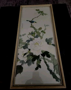 Chinese Watercolor Scroll Painting Blue Bird On Magnolia Tree Signed Ge Duoyun - Picture 1 of 11