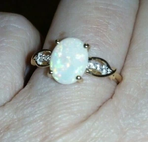 WOW ~ Genuine 100% Natural 1ct Coober Pedy Opal & White Zircon 9K Gold Ring - Picture 1 of 12