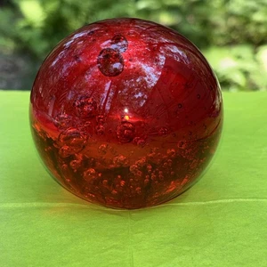 Vintage 3” Ruby Red Glass Paper Weight Ball Controlled Bubbles Beautiful - Picture 1 of 6