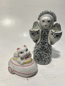 Vintage Ceramic Figurine Lot – Nymølle Denmark Angel Candleholder & Nanco Cat - Picture 1 of 14