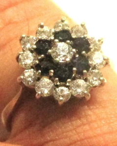 STERLING SILVER CLUSTER RING SAPPHIRES & CUBIC ZIRCONIA SPARKLING CRYSTALS P 1/2 - Picture 1 of 2