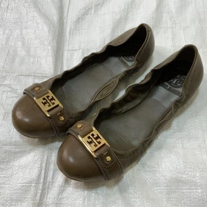 TORY BURCH Ambrose Ballet Flats Camel Leather Gold Buckle Olive Green Size 8m - Picture 1 of 11
