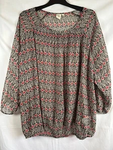 Cotton Traders Women's Sheer Brown & Red 1/4 Sleeve + Elastic Blouse UK24 VGC - Picture 1 of 8