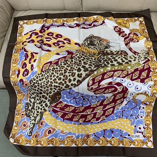 CELINE sciarpa grande 85 cm 33" catena quadrata seta marrone