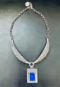 HEAVY STERLING SILVER CHOKER NECKLACE WITH LAPIS PENDANT ~ SIGNED ~ PERFECT - Picture 1 of 8