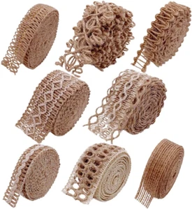 Burlap Ribbons,8 Rolls Burlap Lace Burlap Wedding Ribbon Natural Jute Rope Twine - Picture 1 of 8