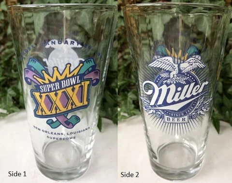 RARE Super Bowl XXXI 1997 Miller Logo 5 3/4" Pint Glass Packers New Orleans HTF Cover