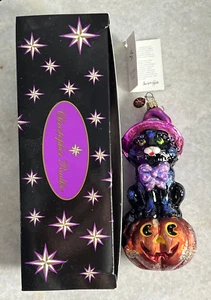 Christopher Radko Halloween Glas Ornament "Zaubergebunden" schwarze KATZE auf Kürbis HUT - Bild 1 von 5
