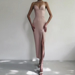 NEW DESIGNER CONSERVATIVE BEIGE BANDAGE DRESS ELEGANT NUDE APRICOT THIN STRAP - Picture 1 of 5