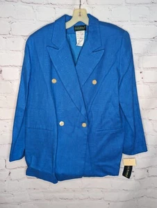 Vintage Harvè Bernard Women's 100% Linen Royal Blue Double Breasted Blazer 14 - Picture 1 of 6