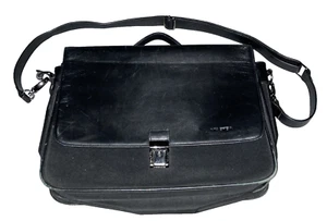 Black Messenger Bag VIA SPIGASoft-Side Flap-Over Briefcase Leather & Nylon - Picture 1 of 16