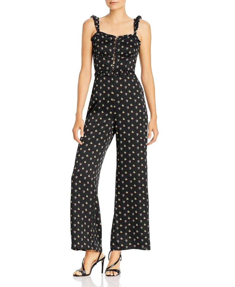 Aqua Women's Black Floral Ruffled Sleeveless Wide-Leg Jumpsuit Size XS