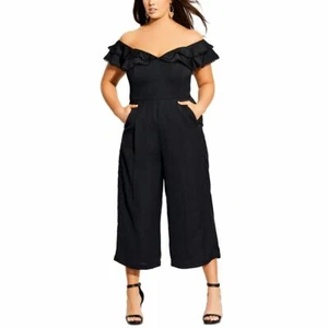City Chic Womens Black Ruffled Off Shoulder Wide Leg Cropped Jumpsuit Plus 16W - Picture 1 of 10