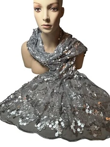 Silber glänzend Pailletten Rechteck Schal Halstuch mit gewellter Borte ca. 21 x 72" Neu ohne Etikett - Bild 1 von 4