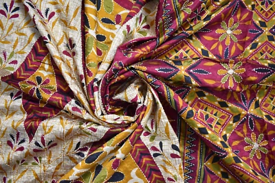 Saris crema vintage seda pura Kantha trabajo artesanía sari tela costura Foto 1 de 4