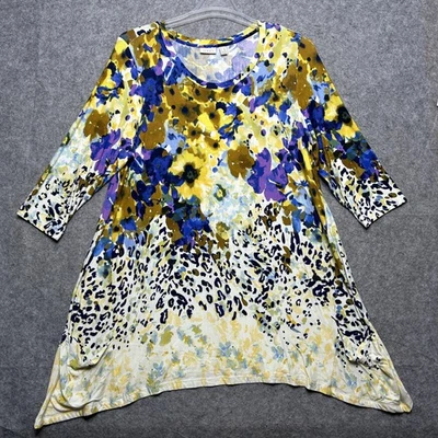Logo Lori Goldstein Top Womens 1X Yellow Blue Animal Floral Tunic Stretchy Comfy - Image 1 of 4