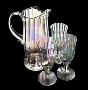 Vintage Fostoria Mother Of Pearl Crystal Footed Iced Tea Goblets & Pitcher Rare - Picture 1 of 15